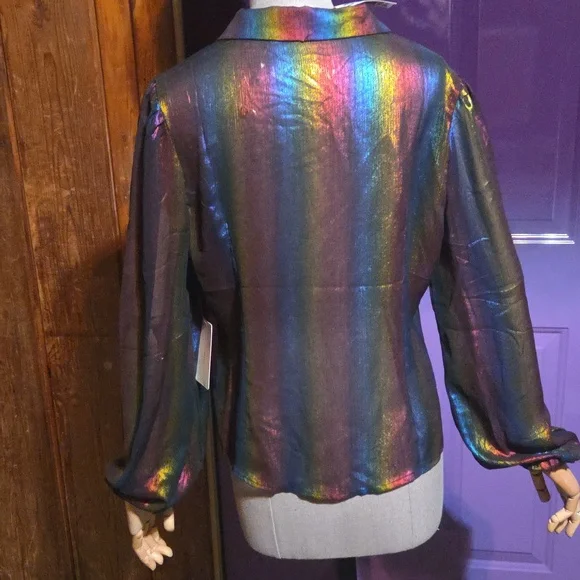 Peach Shiny Rainbow Color Button Up Shirt With Collar And Elastic Puff Sleeves - Picture 4 of 6